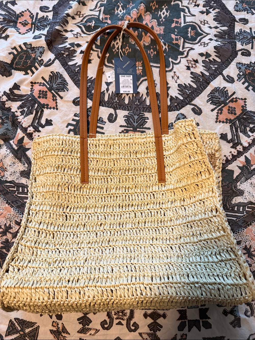 Universal Thread Woven Straw Tote with Brown Leather Handles - Picture 2 of 6